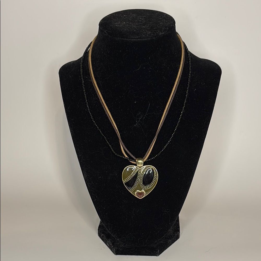 Brass Tone Green and Black Heart Pendant Necklace with triple cord and beads 15”